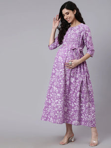 Lavender white printed Cotton Maternity Dress