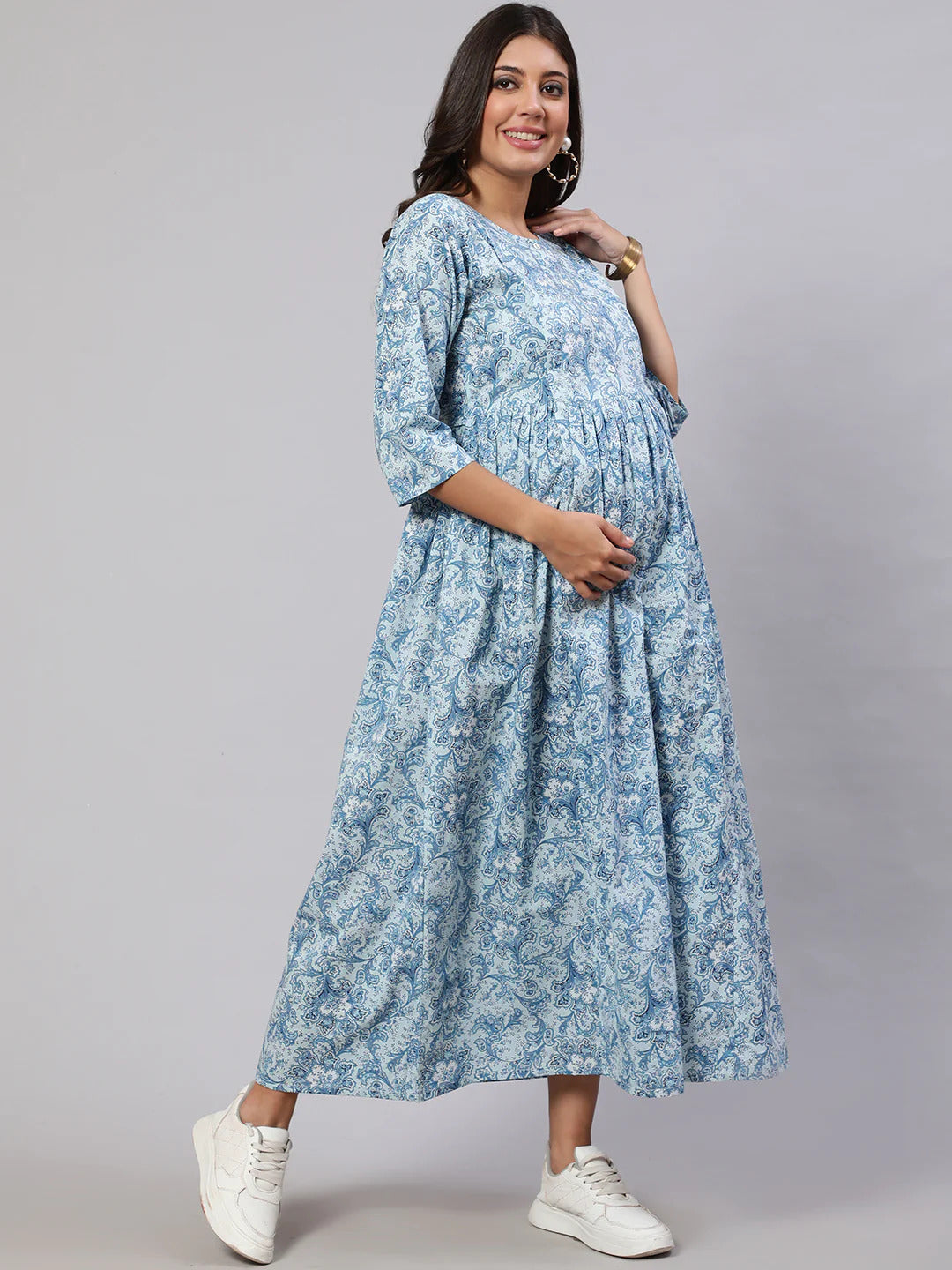 Light Blue printed Cotton Maternity Dress