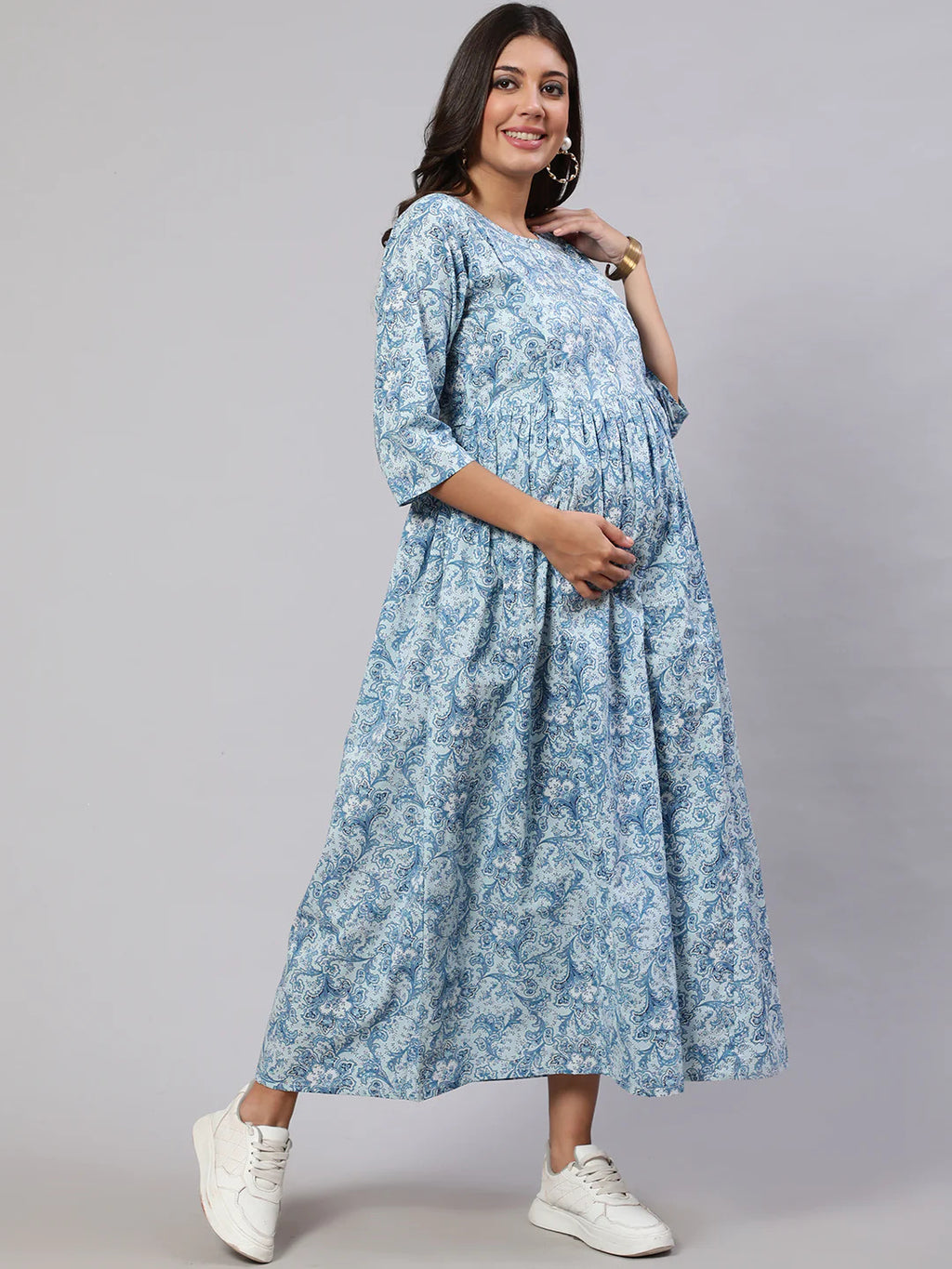Light Blue printed Cotton Maternity Dress