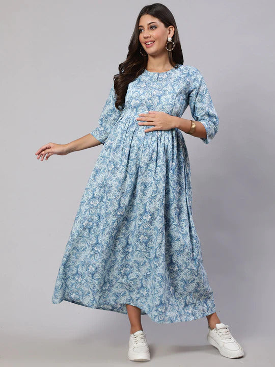 Light Blue printed Cotton Maternity Dress