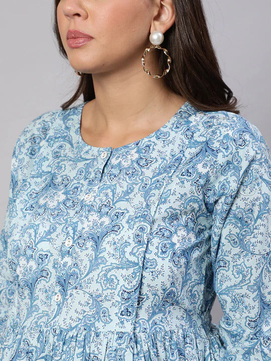 Light Blue printed Cotton Maternity Dress