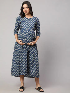 Blue printed Cotton Maternity Dress