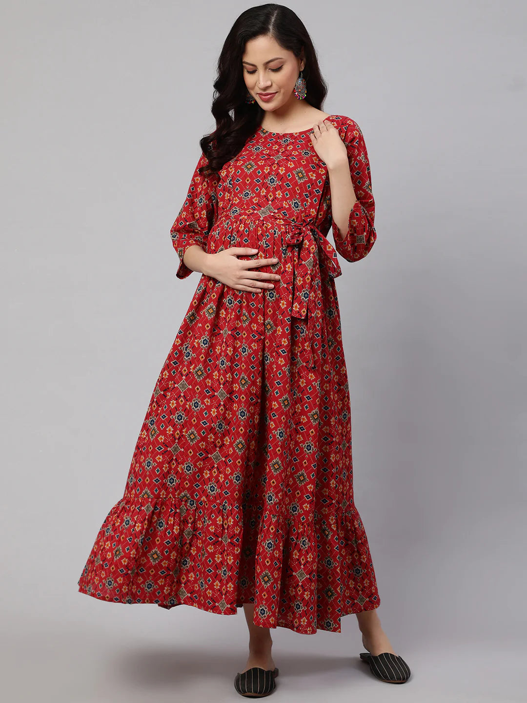 Maroon printed Cotton Maternity Dress