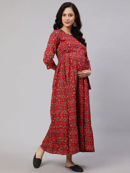 Maroon printed Cotton Maternity Dress