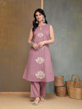 Mauve Embroidered Cotton Kurti Plazzo Set