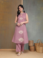 Mauve Embroidered Cotton Kurti Plazzo Set