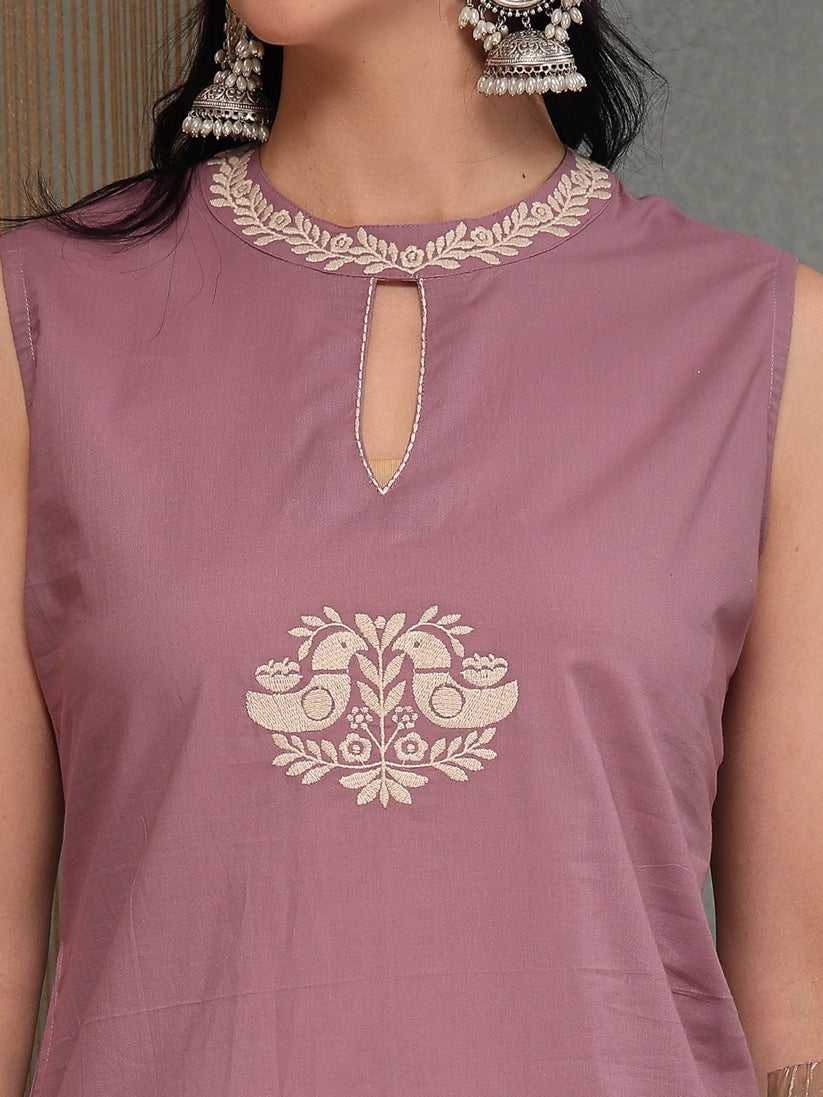 Mauve Embroidered Cotton Kurti Plazzo Set