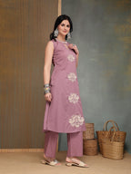 Mauve Embroidered Cotton Kurti Plazzo Set