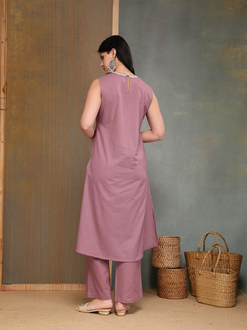 Mauve Embroidered Cotton Kurti Plazzo Set