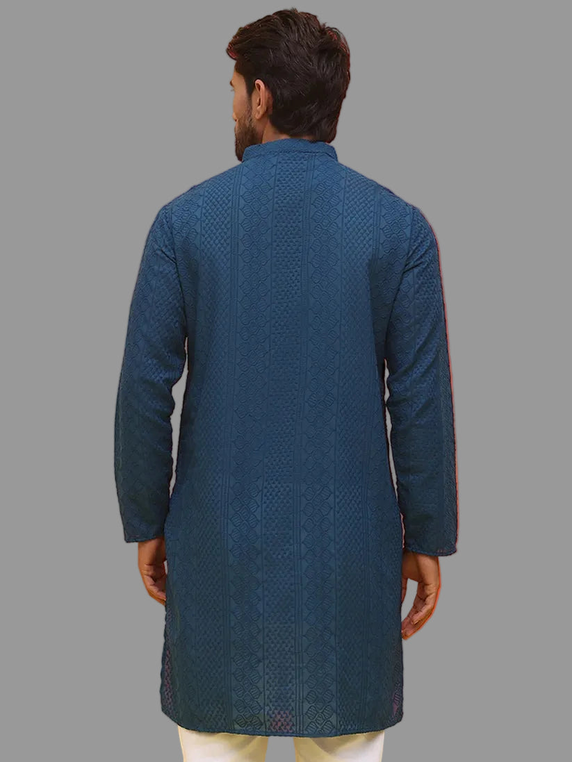 Teal Blue Embroidered Cotton kurta for Men (Top Only)