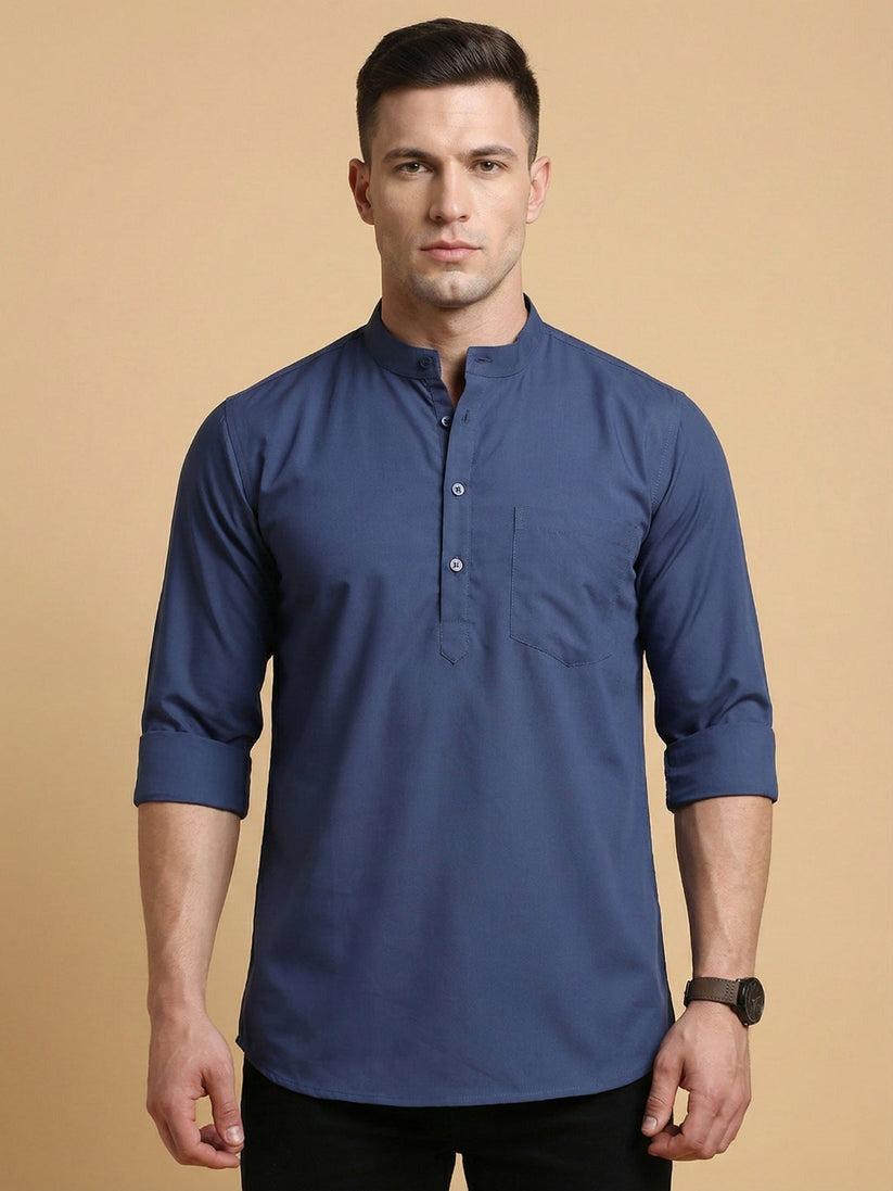 Solid Blue Cotton Blend Short Kurta For men