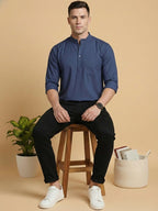 Solid Blue Cotton Blend Short Kurta For men