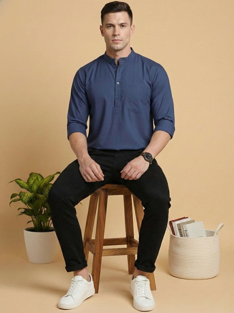 Solid Blue Cotton Blend Short Kurta For men
