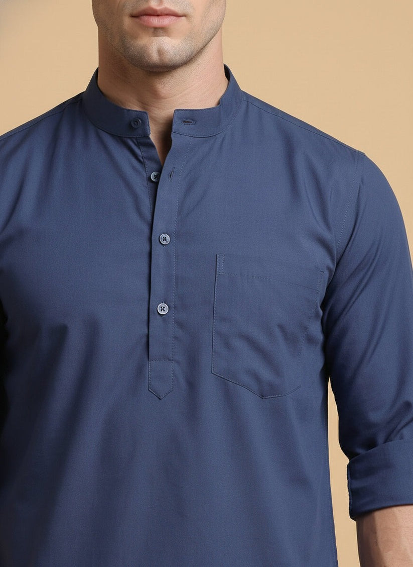 Solid Blue Cotton Blend Short Kurta For men
