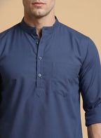 Solid Blue Cotton Blend Short Kurta For men