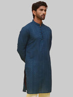 Teal Blue Embroidered Cotton kurta for Men (Top Only)