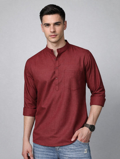 Small Checkered Solid Cotton Blend Short Kurta for men ( Top only)