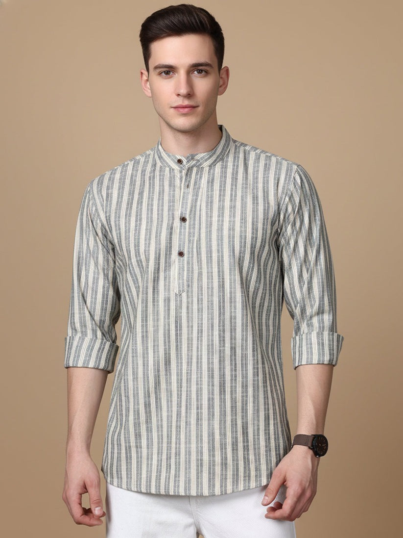 Cotton Blend Vertical Striped Short Kurta for men ( Top only)