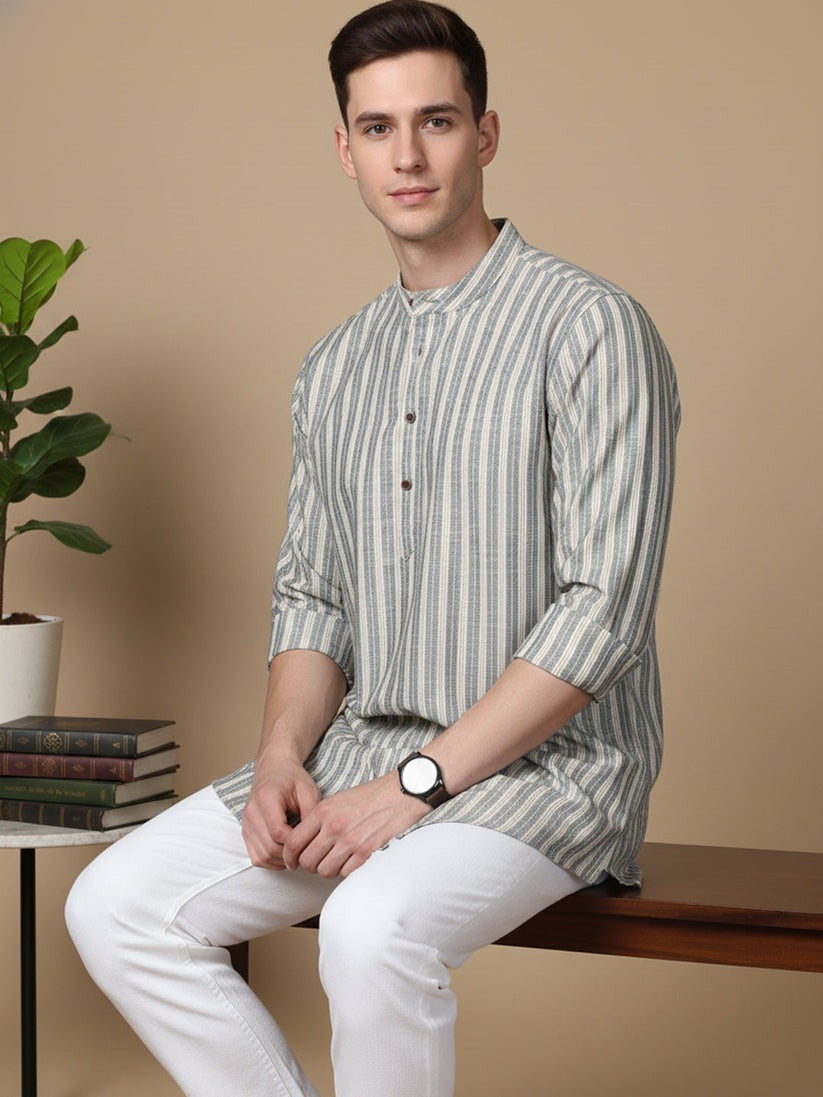 Cotton Blend Vertical Striped Short Kurta for men ( Top only)