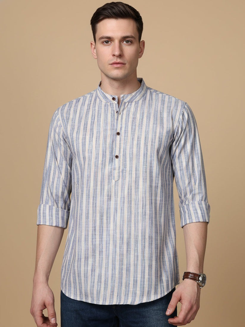 Cotton Blend Vertical Striped Short Kurta for men ( Top only)