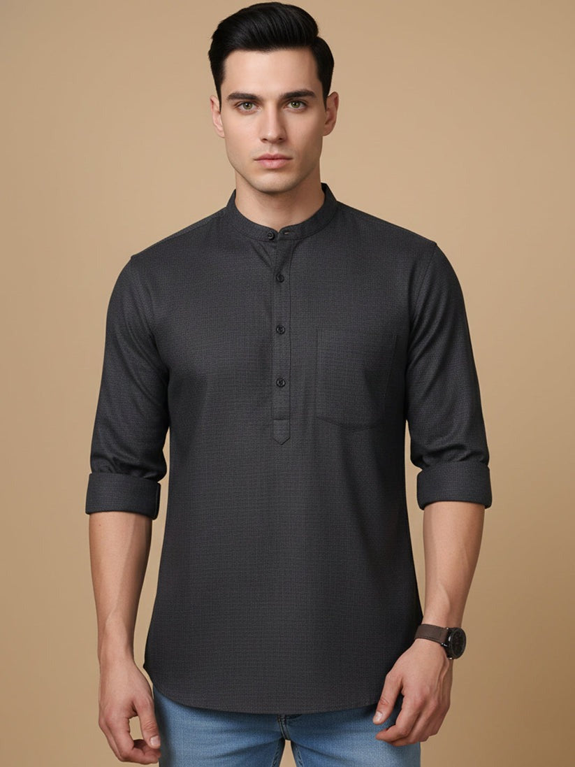 Small Checkered Solid Cotton Blend Short Kurta for men ( Top only)