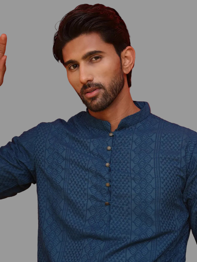 Teal Blue Embroidered Cotton kurta for Men (Top Only)