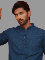 Teal Blue Embroidered Cotton kurta for Men (Top Only)