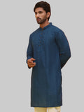 Teal Blue Embroidered Cotton kurta for Men (Top Only)