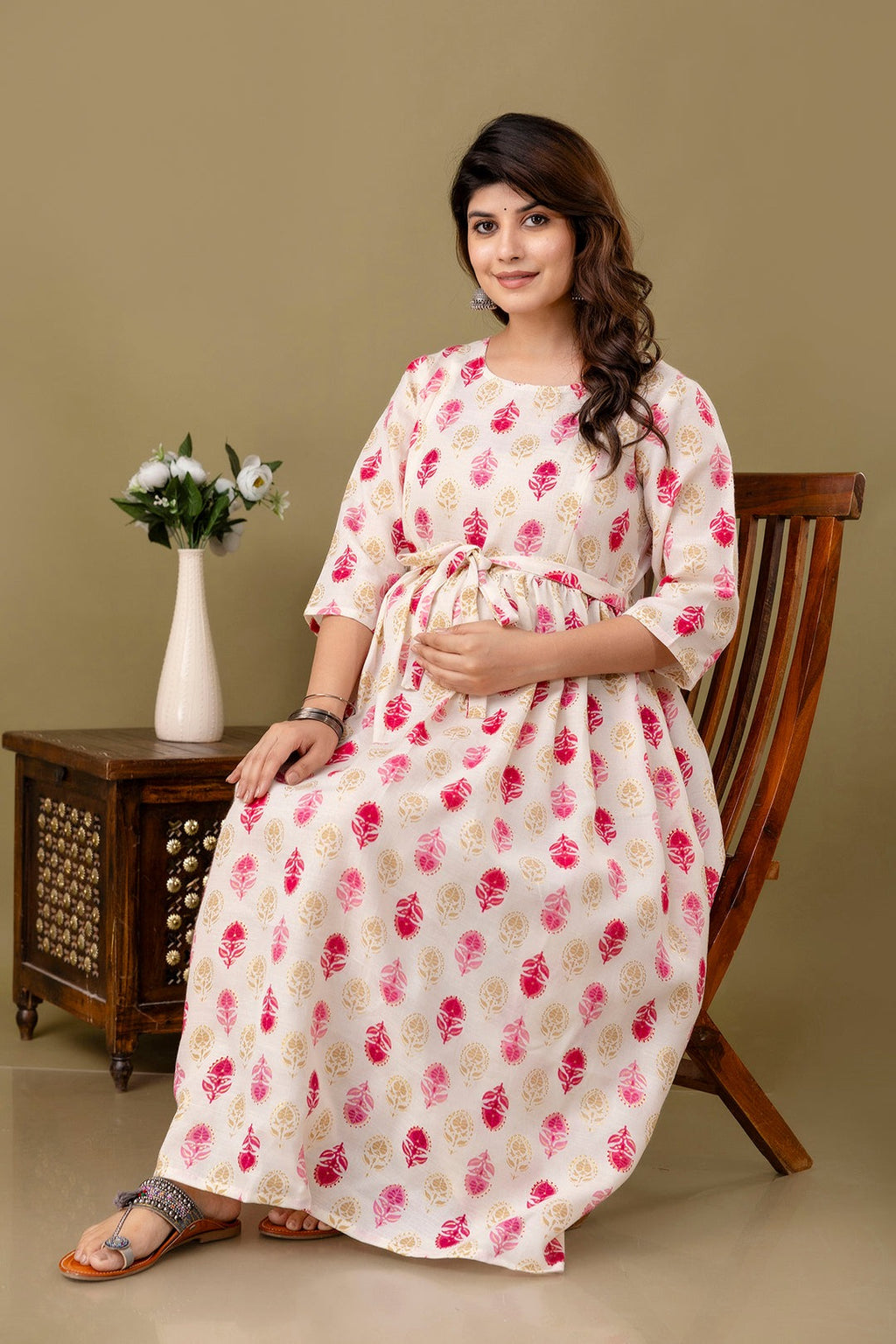 Pink Off white Floral printed Cotton Maternity Dress