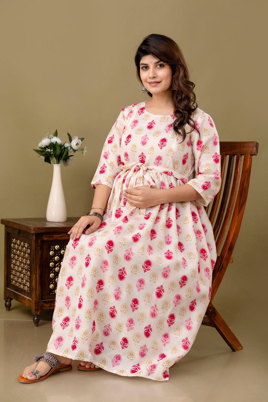 Pink Off white Floral printed Cotton Maternity Dress
