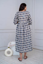 Blue & Grey Geometric printed Cotton Maternity Dress
