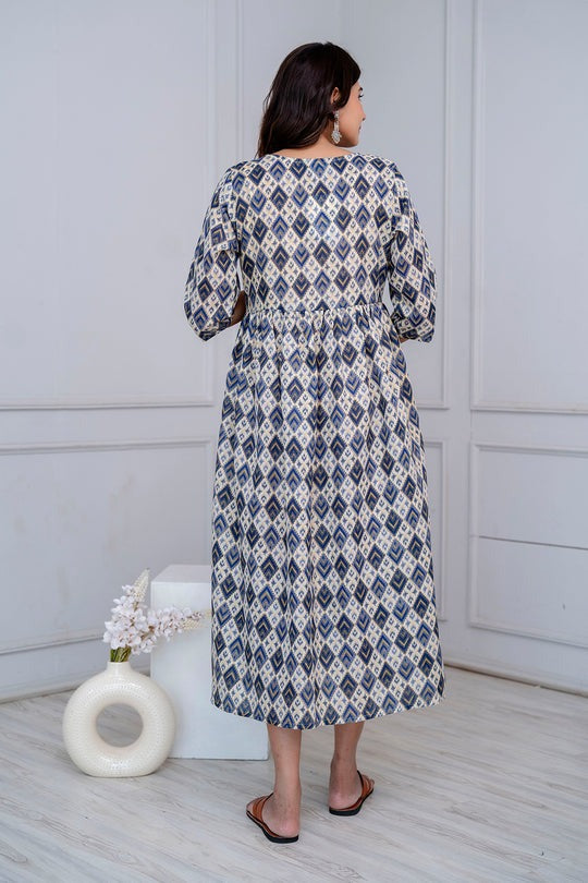 Blue & Grey Geometric printed Cotton Maternity Dress