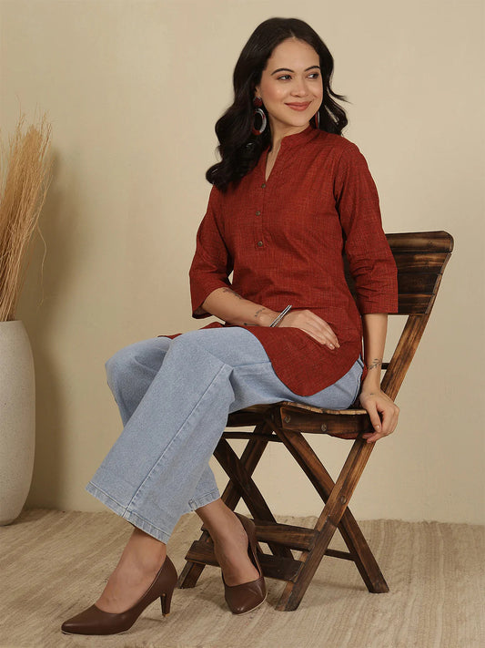 Maroon Printed Soft Cotton Short Kurti Top
