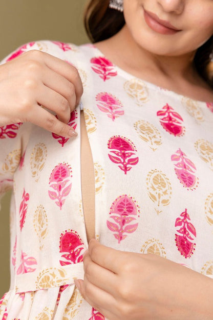 Pink Off white Floral printed Cotton Maternity Dress