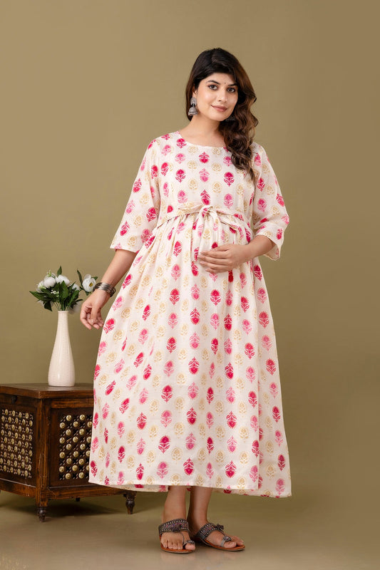 Pink Off white Floral printed Cotton Maternity Dress