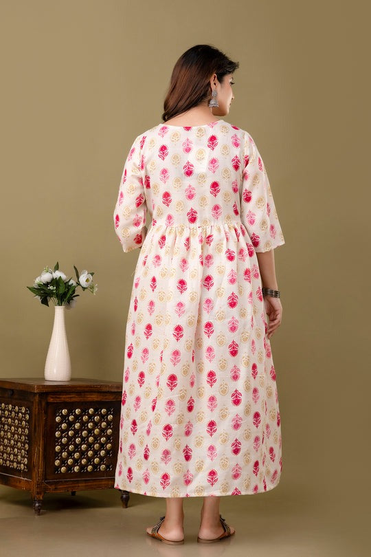Pink Off white Floral printed Cotton Maternity Dress