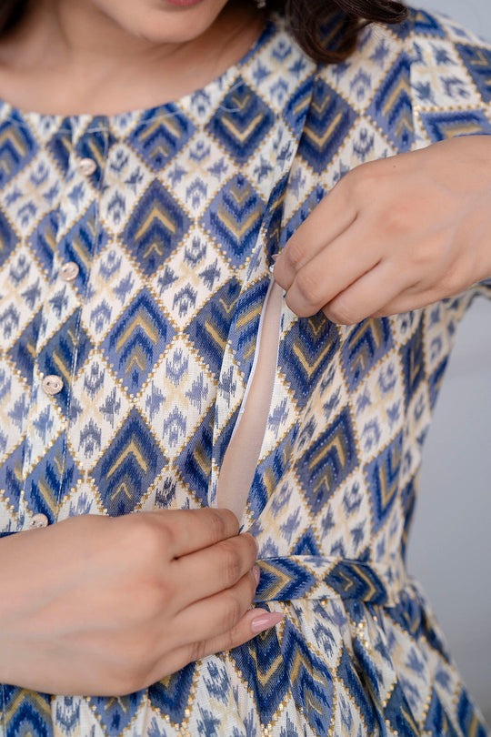 Blue & Grey Geometric printed Cotton Maternity Dress