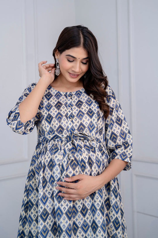 Blue & Grey Geometric printed Cotton Maternity Dress
