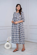 Blue & Grey Geometric printed Cotton Maternity Dress