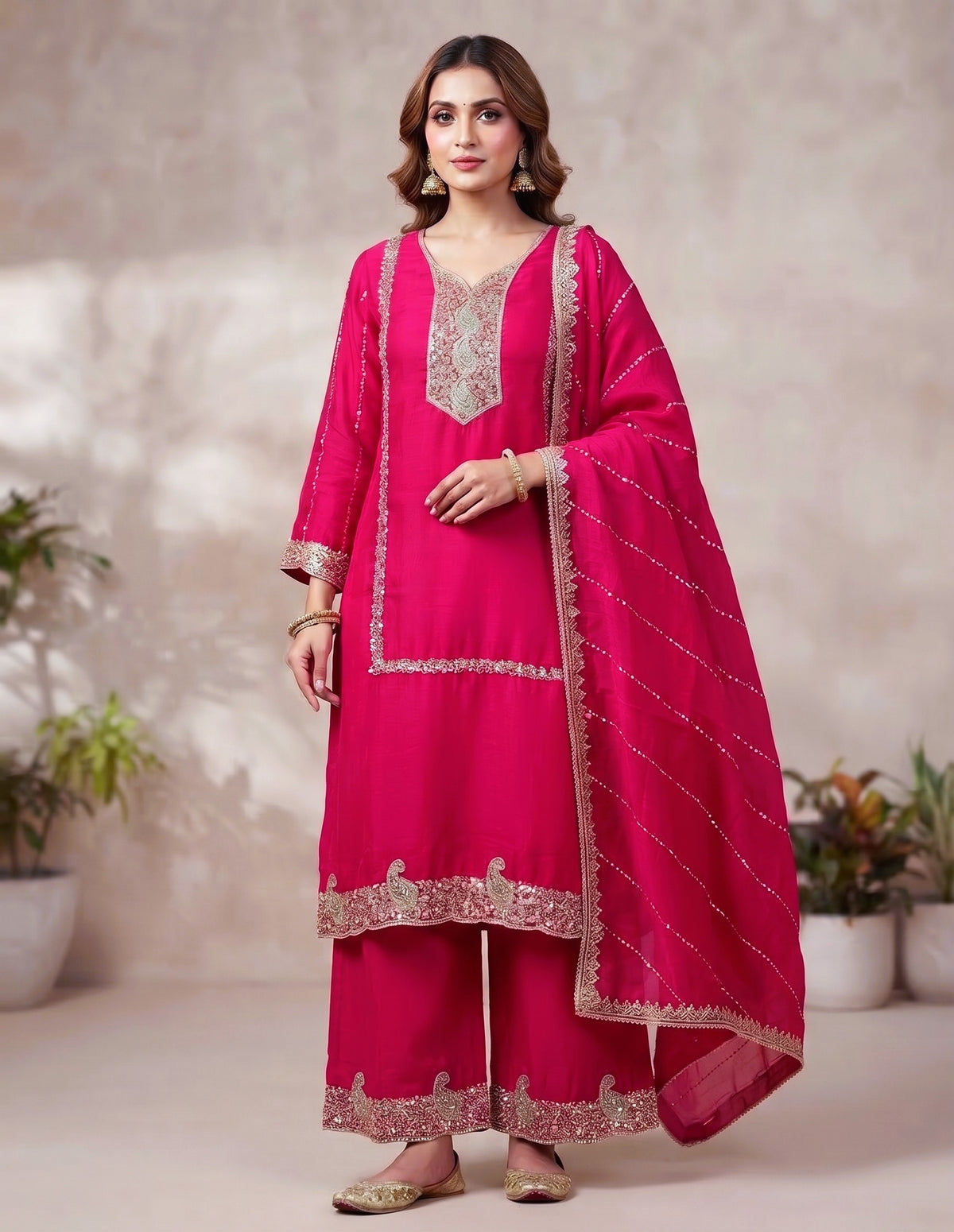 Pink Sequins Emdroidered Chinon Silk Short Kurti With  Palazzo and Dupatta