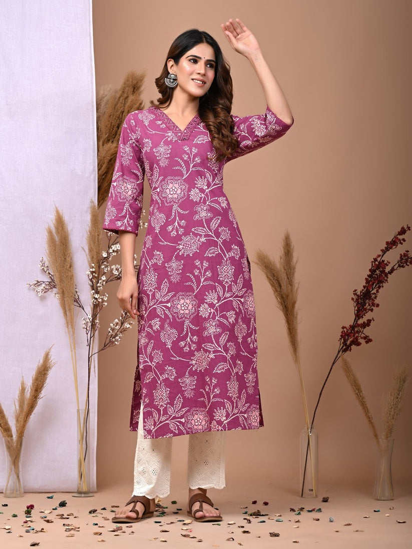 Floral Printed Cotton Kurti Top (Top Only)