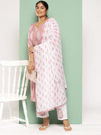 Plus Size Mauve & White Printed Rayon Kurta Palazzo Set With Dupatta