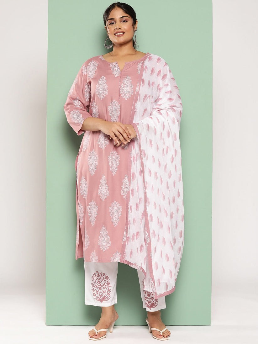 Plus Size Mauve & White Printed Rayon Kurta Palazzo Set With Dupatta