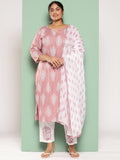 Plus Size Mauve & White Printed Rayon Kurta Palazzo Set With Dupatta