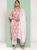 Plus Size Mauve & White Printed Rayon Kurta Palazzo Set With Dupatta