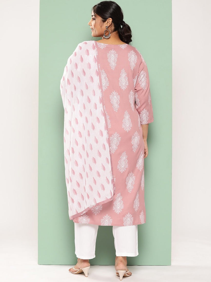 Plus Size Mauve & White Printed Rayon Kurta Palazzo Set With Dupatta