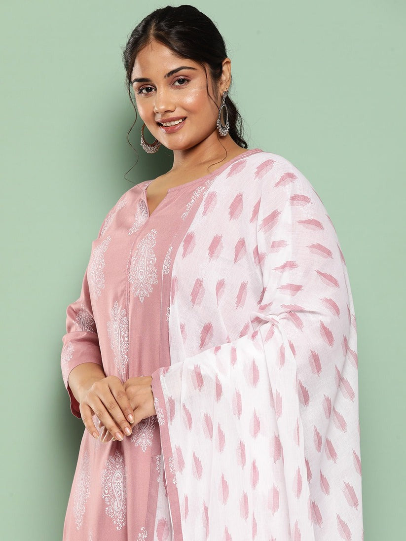 Plus Size Mauve & White Printed Rayon Kurta Palazzo Set With Dupatta