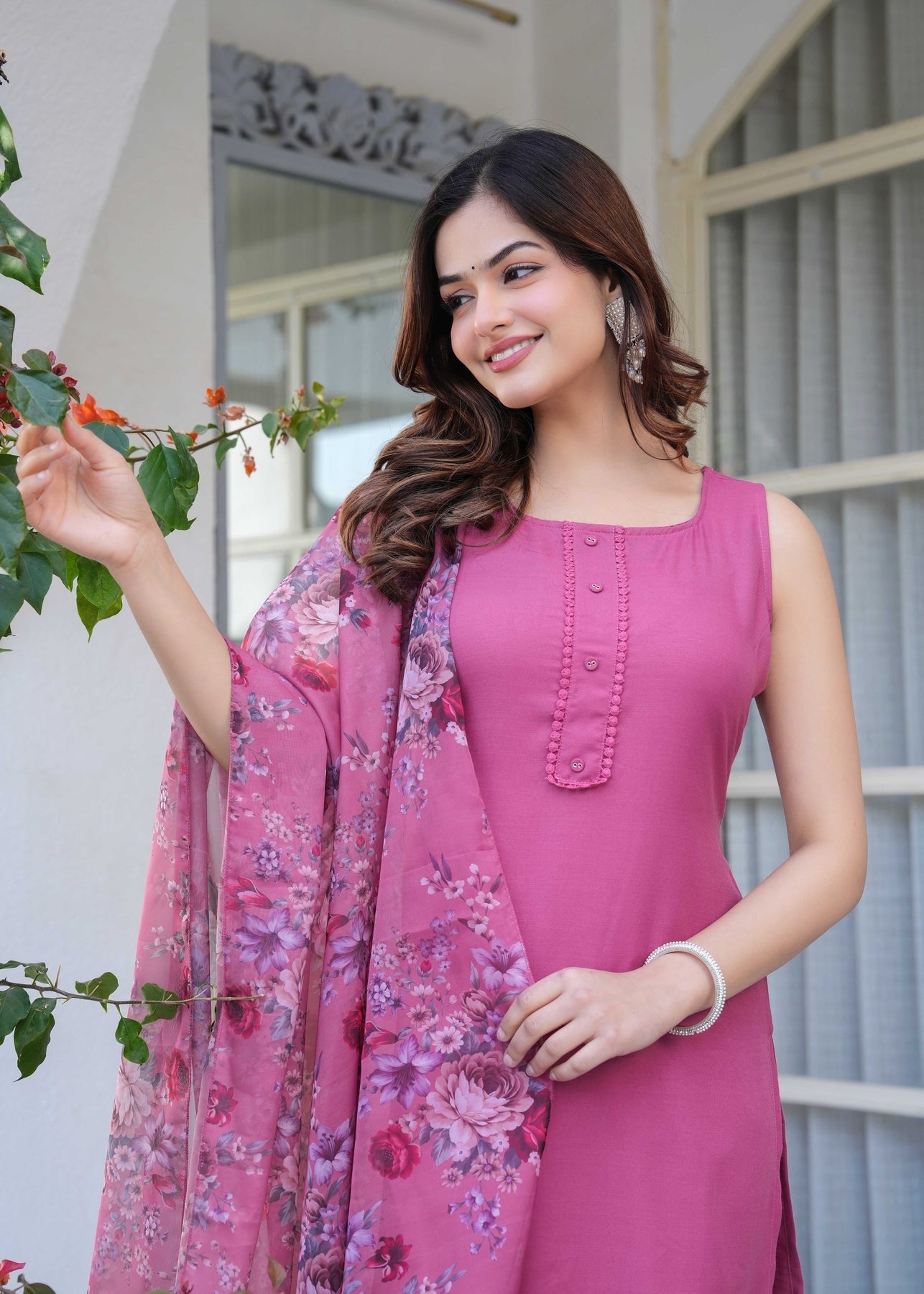 Mauve Solid Kurti Pants with Printed Dupatta
