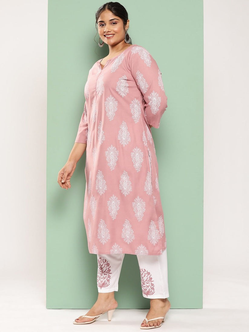 Plus Size Mauve & White Printed Rayon Kurta Palazzo Set With Dupatta