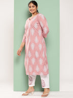Plus Size Mauve & White Printed Rayon Kurta Palazzo Set With Dupatta